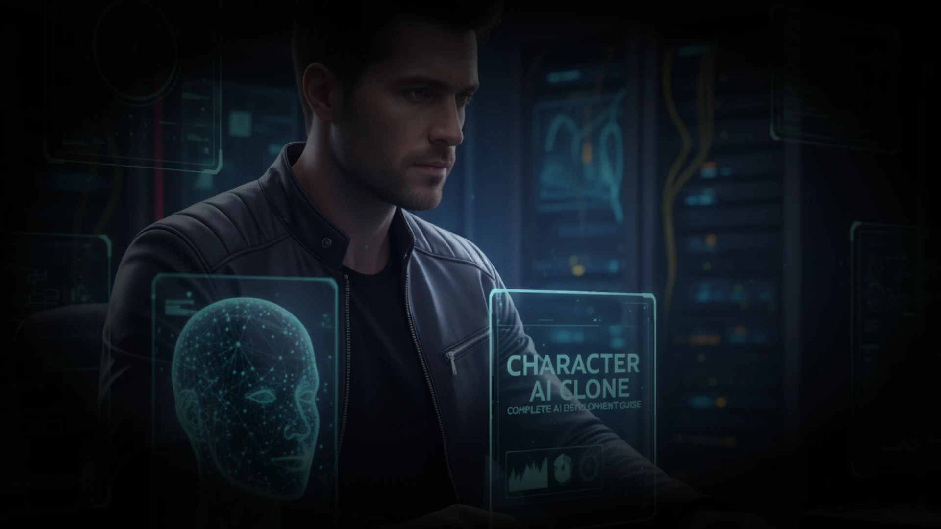 Developer building Character AI clone showing architecture diagram and code implementation on multiple screens